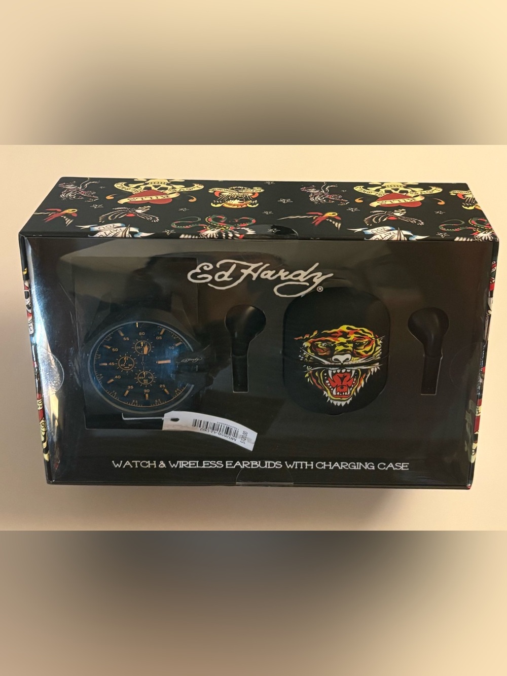 Ed Hardy Black Watch and Black Earbuds Set with Multicolor Tiger Art